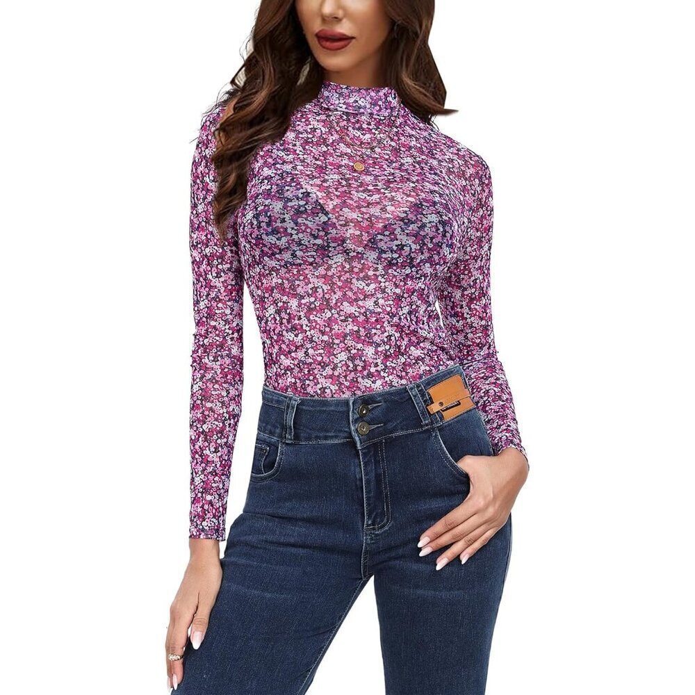 🆕 Women Purple Mesh Tops Long Sleeve Mock Neck Fitted Sexy Through Tee Design
